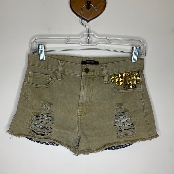 Forever 21 | Green Gold Studded Distressed Shorts - Picture 9 of 10